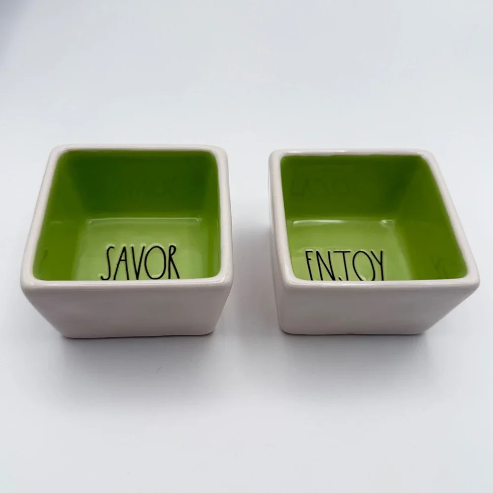 Rae Dunn Savor‎ and Enjoy Square Bowl Set Green White Ceramic 2pc